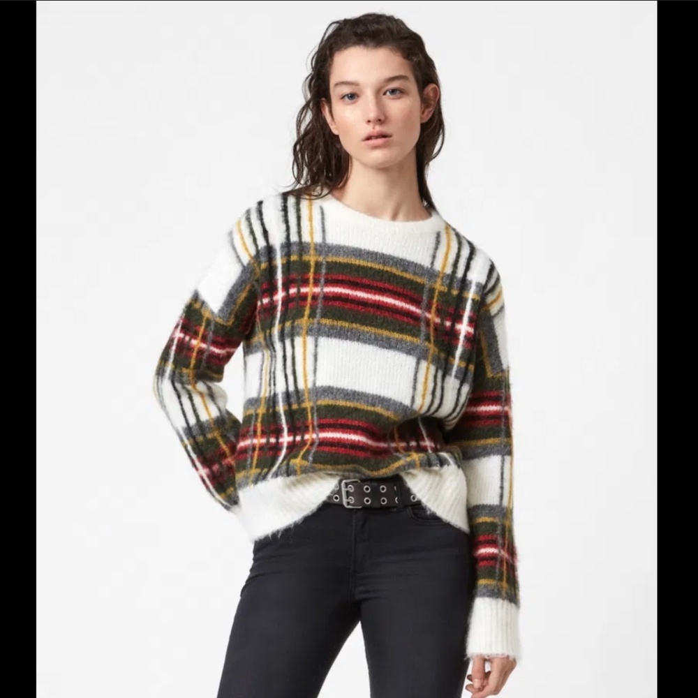 All Saints ‘Sid’ Multicolored Checkered/ Plaid Knit Alpaca Wool Blend Sweater